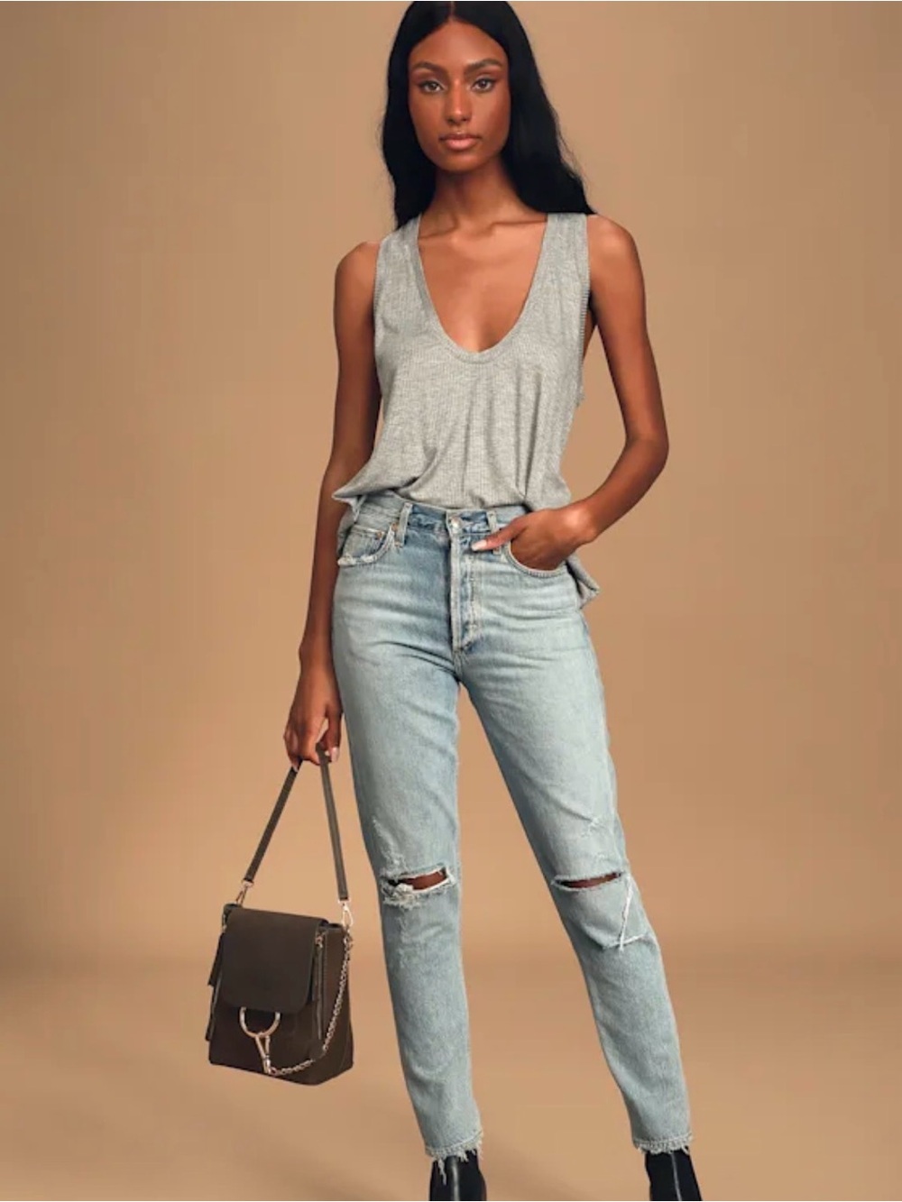 Lulu's Gray Ribbed V-Neck Tank Top - Picture 2 of 4